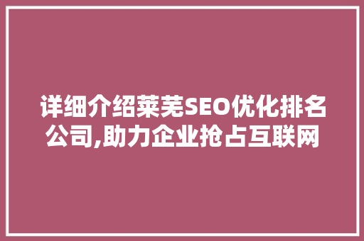 详细介绍莱芜SEO优化排名公司,助力企业抢占互联网市场制高点