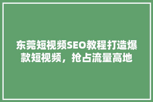 东莞短视频SEO教程打造爆款短视频，抢占流量高地
