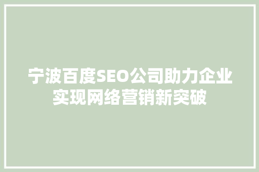 宁波百度SEO公司助力企业实现网络营销新突破