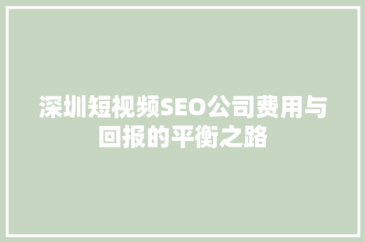 深圳短视频SEO公司费用与回报的平衡之路