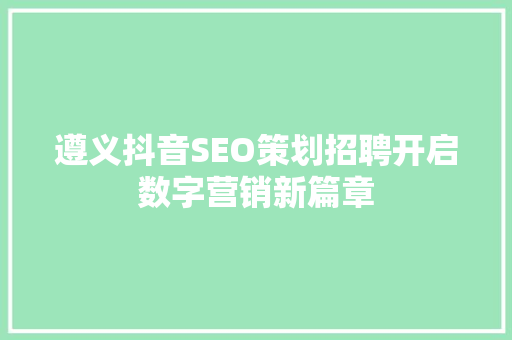 遵义抖音SEO策划招聘开启数字营销新篇章