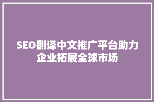 SEO翻译中文推广平台助力企业拓展全球市场