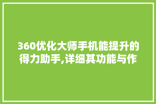 360优化大师手机能提升的得力助手,详细其功能与作用