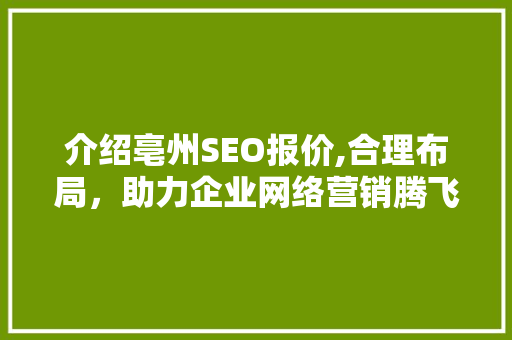 介绍亳州SEO报价,合理布局，助力企业网络营销腾飞