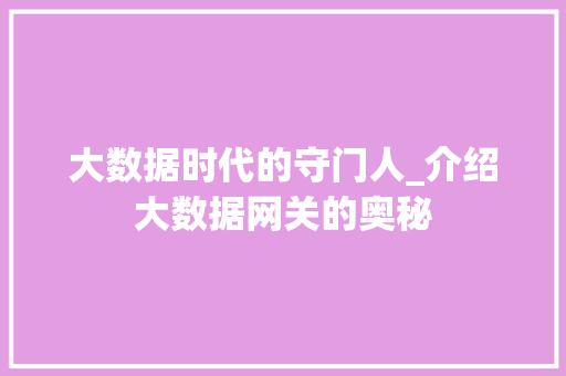 大数据时代的守门人_介绍大数据网关的奥秘