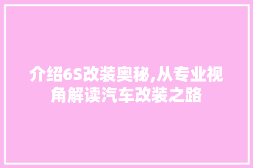 介绍6S改装奥秘,从专业视角解读汽车改装之路