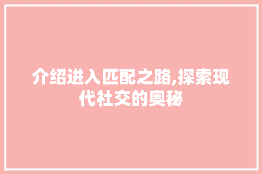 介绍进入匹配之路,探索现代社交的奥秘