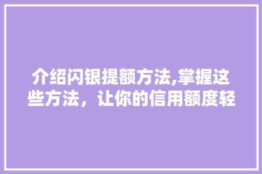 介绍闪银提额方法,掌握这些方法，让你的信用额度轻松翻倍！
