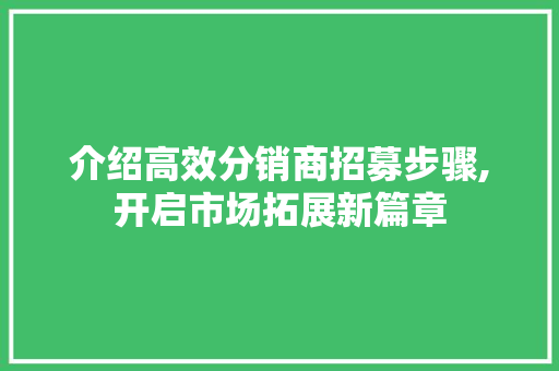 介绍高效分销商招募步骤,开启市场拓展新篇章