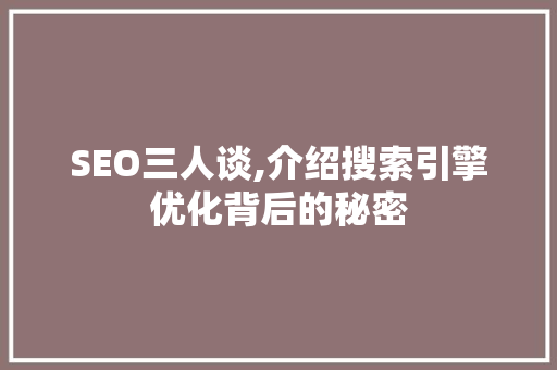 SEO三人谈,介绍搜索引擎优化背后的秘密
