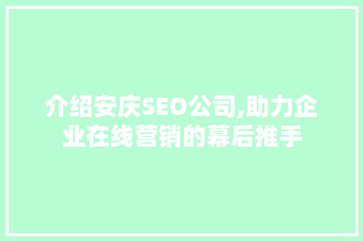 介绍安庆SEO公司,助力企业在线营销的幕后推手