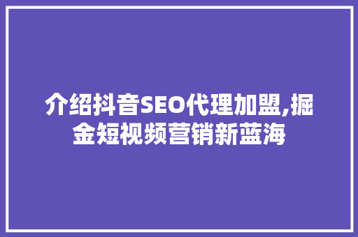 介绍抖音SEO代理加盟,掘金短视频营销新蓝海