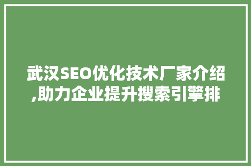 武汉SEO优化技术厂家介绍,助力企业提升搜索引擎排名，抢占市场先机