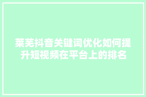 莱芜抖音关键词优化如何提升短视频在平台上的排名