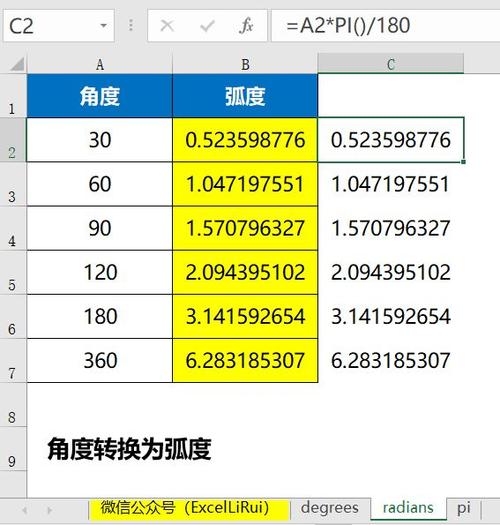 qrphp转码技巧_Excel函数公式大年夜全之运用RADIANS函数将角度转换成弧度值